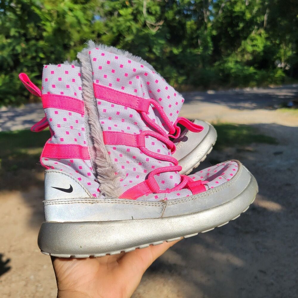 Nike Rosherun Hi Sneakerboot Girls 12‎ Silver Pink Comfy Faux Leather Snow Boots